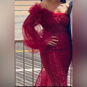 Red beaded evening gown